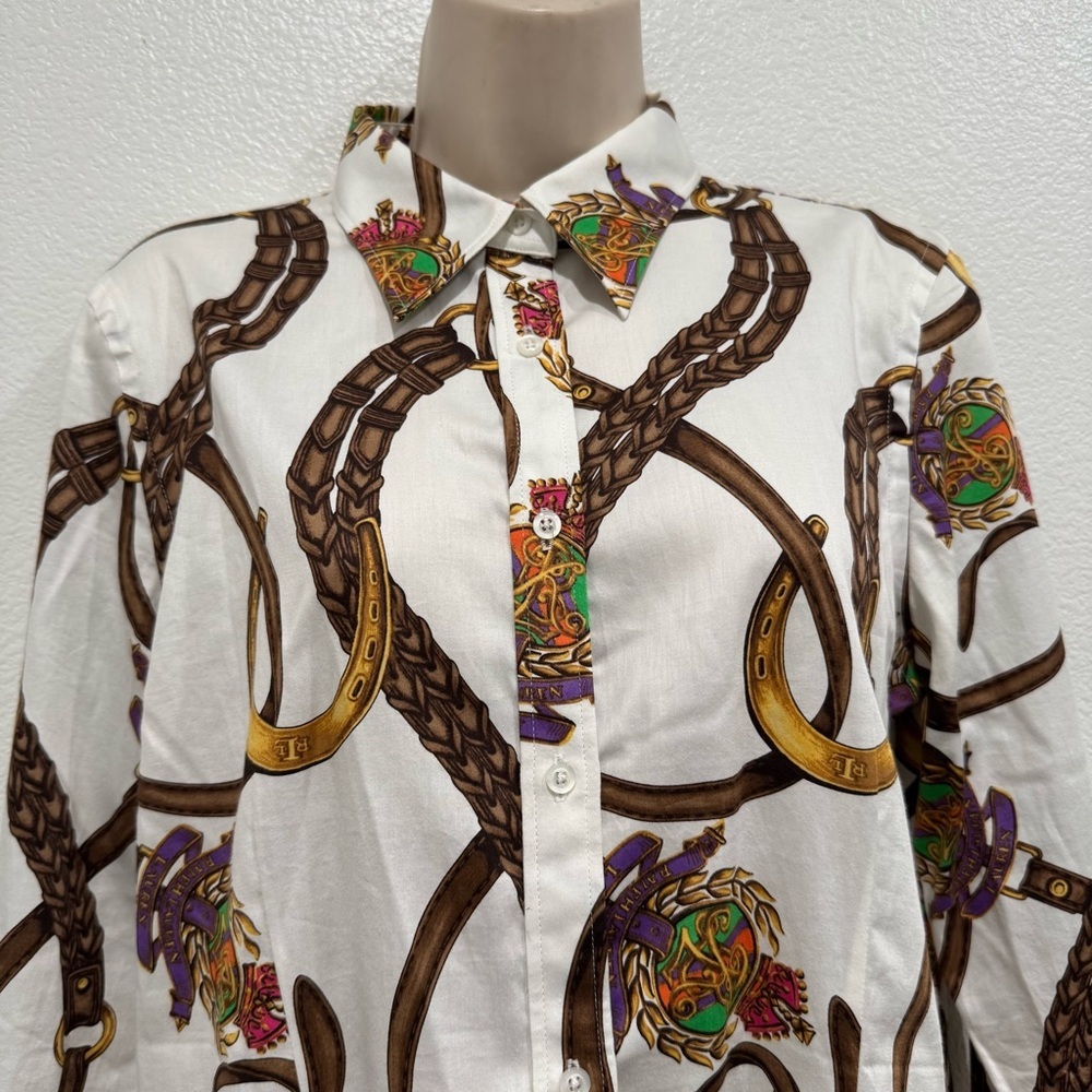 Lauren Ralph Lauren Equestrian Button Up Blouse Horse Bridle‎ Bit Sz 12 Slim Fit - Picture 4 of 16